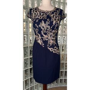 MARCOBOR blue/gold embroidered shift dress - size 6 - OC